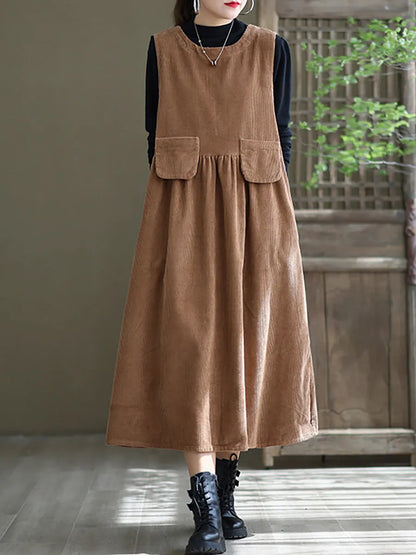 - Corduroy Pocket Sleeveless Pinafore Dress