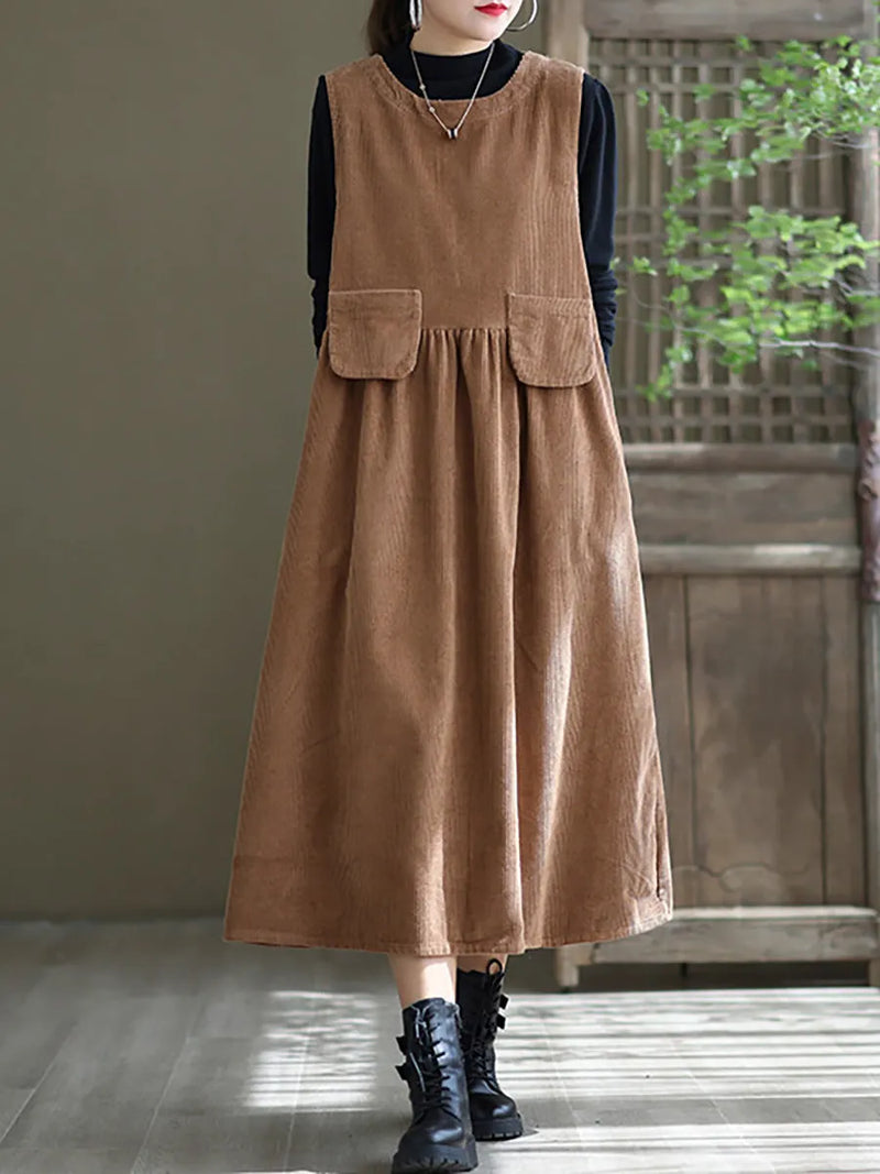 - Corduroy Pocket Sleeveless Pinafore Dress