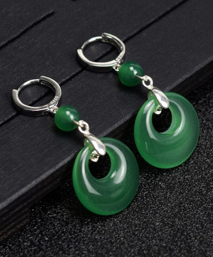 Green Sterling Silver Inlaid Chalcedony Drop Earrings