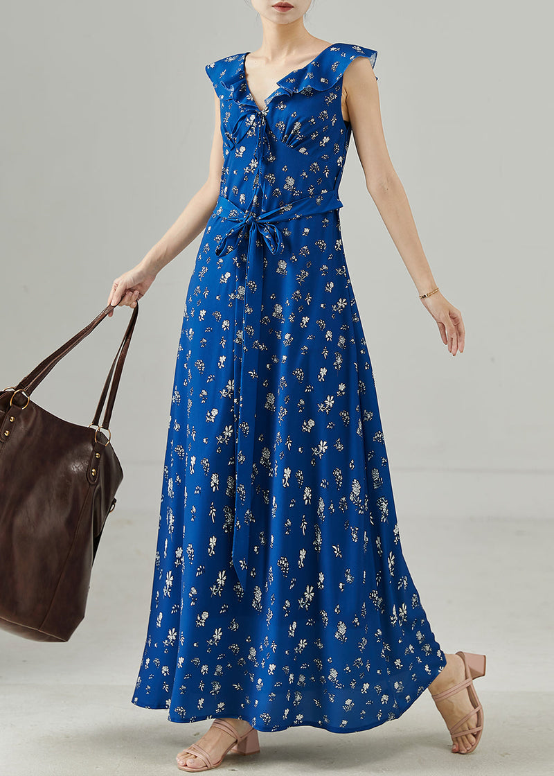 Blue Tie Waist Print Chiffon Party Dress Sleeveless