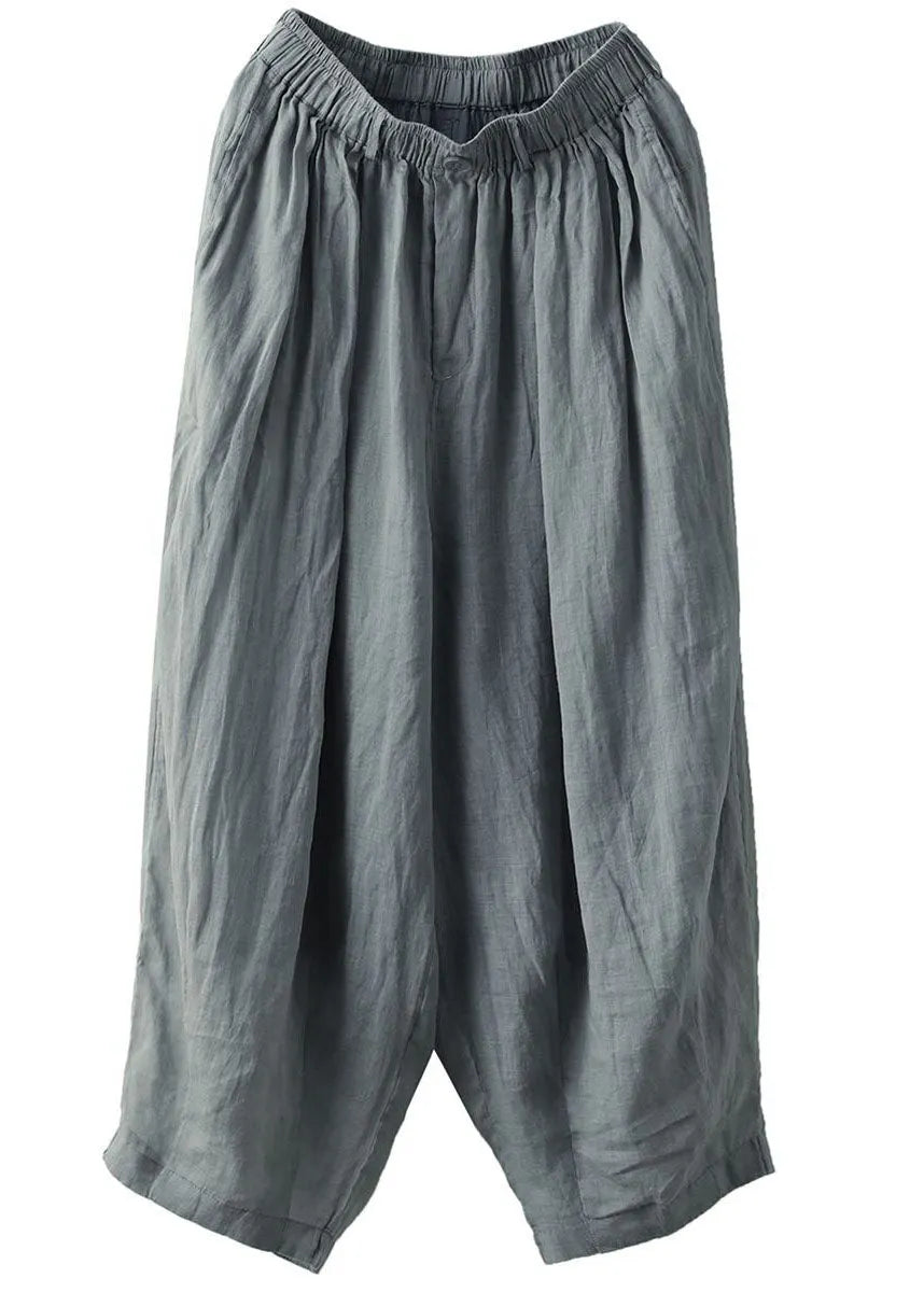 Grey Elastic Waist Pockets Patchwork Linen Lantern Pants Summer