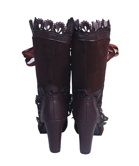Stylish Black Suede Lace Cross Strap Splicing Chunky Heel Boots