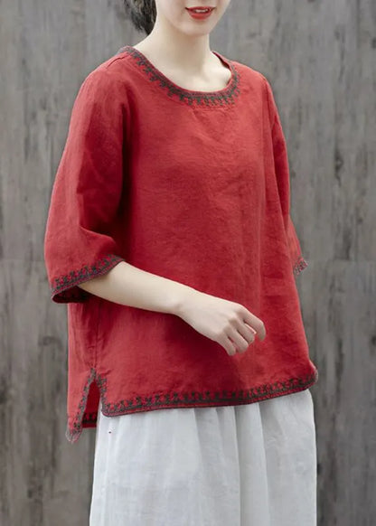 Yellow O Neck Embroideried Patchwork Cotton T Shirts Summer