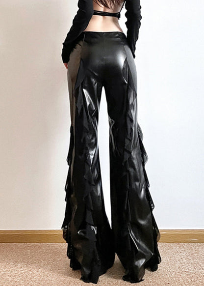 Black Ruffled Patchwork Asymmetrical Faux Leather Wide Leg Pants