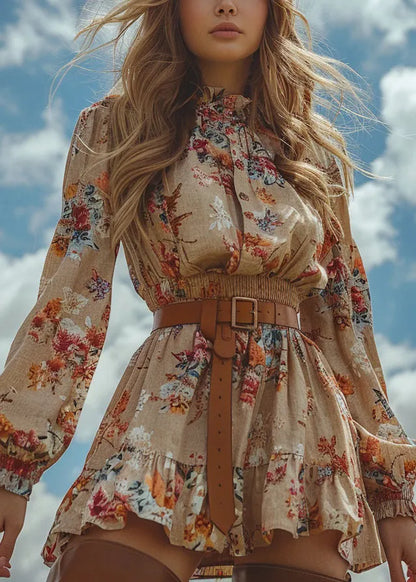 Ruffled Print Patchwork Cotton Mini Dress Long Sleeve