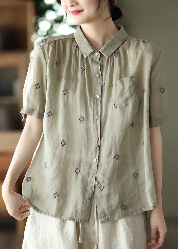 Grey Green Embroidered Linen Shirt Top Short Sleeve