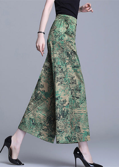 Green High Waist Print Silk Wide Leg Pants Summer