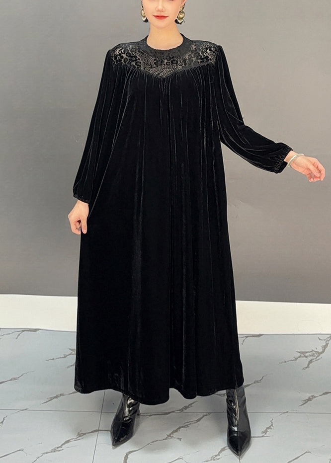 Loose Purple Red O Neck Silk Velvet Maxi Dress Fall