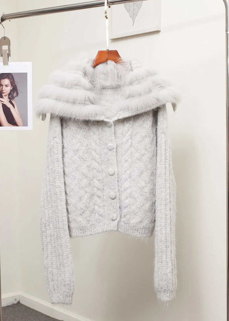 Loose Brown Sailor Collar Fox Collar Patchwork Cable Knit Coat Fall