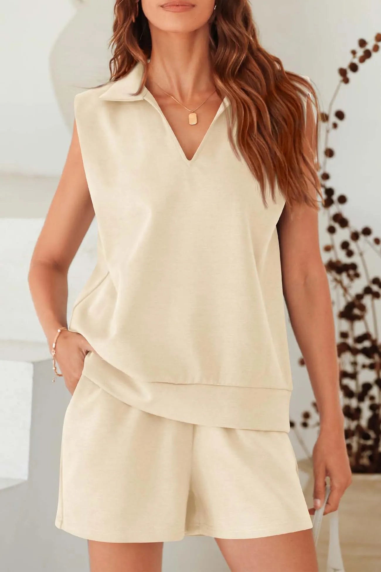 Sleeveless Sweatshirt Shorts Two Piece Set