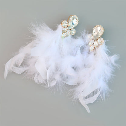 Alloy Inlaid Tassel Long Feather Earrings