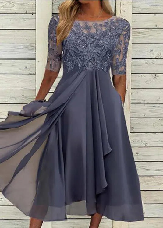 Purple Hollow Out Lace Patchwork Chiffon Long Dresses Summer