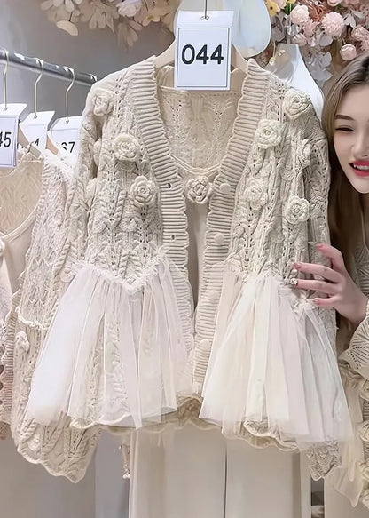 Beige Flower Tulle Patchwork Knit Cardigan Two Piece Set Spring