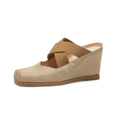 Khaki Splicing Wedge High Wedge Heels Shoes