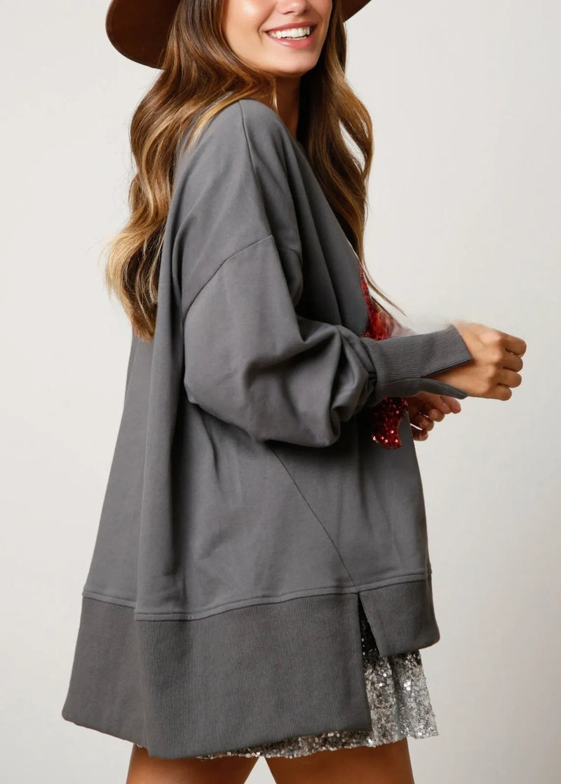 Grey O Neck Sequins Cotton Christmas Sweatshirt Winter