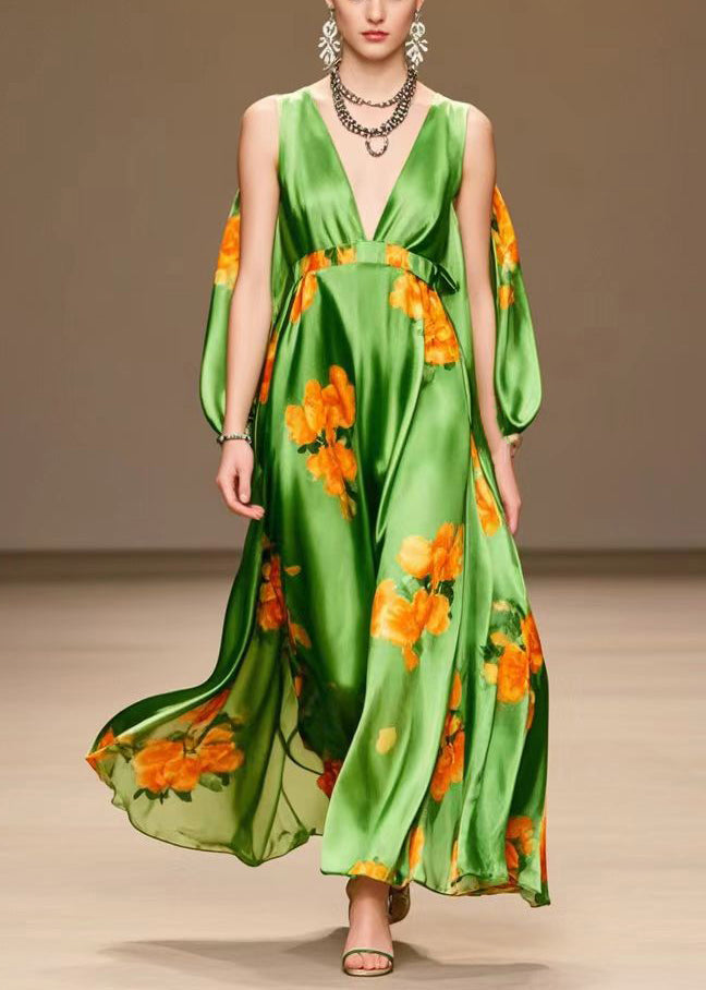 Tea Green V Neck Print Silk Long Dresses Summer