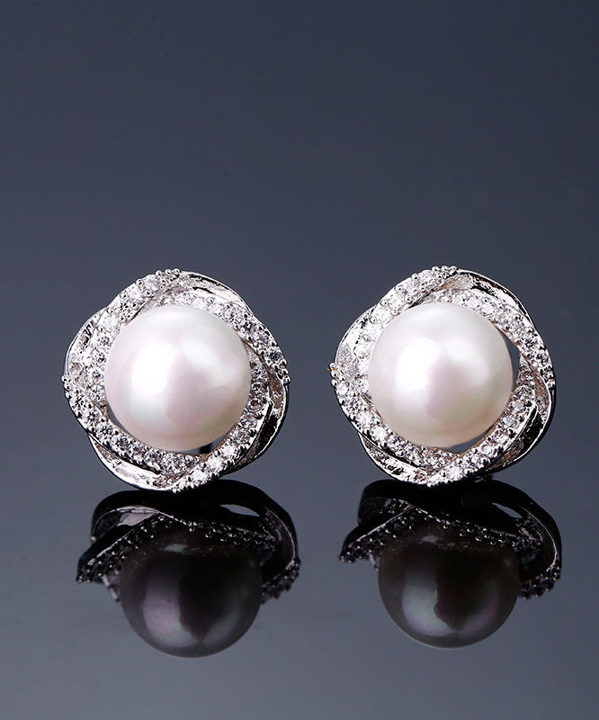 White Sterling Silver Inlaid Zircon Jade Stud Earrings