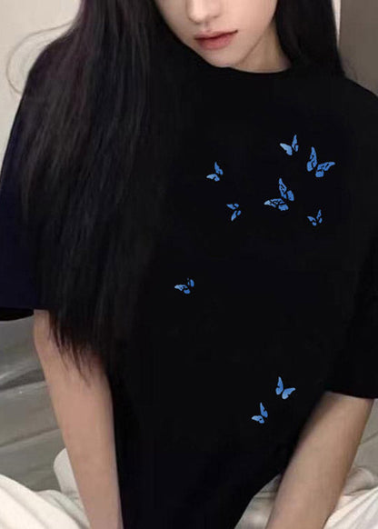 Black Butterfly Print T Shirt Summer