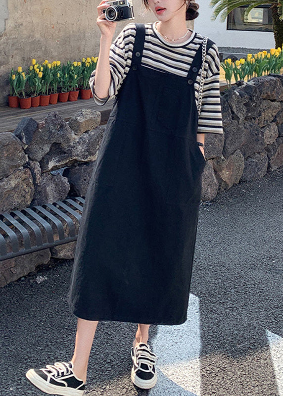 Classy O-neck Striped Patchwork T Shirt and Long Dress Two Piece Set Summer