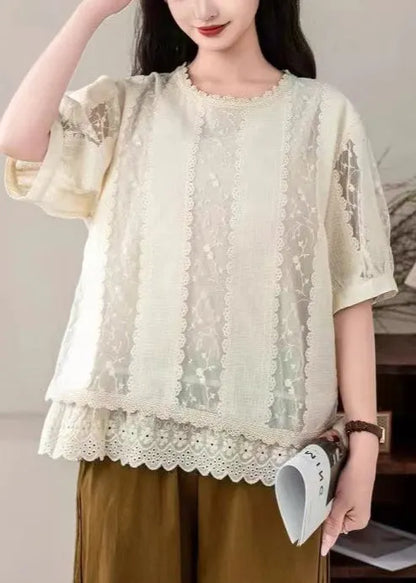 Italian Apricot Embroidered Patchwork Lace Shirt Tops Summer