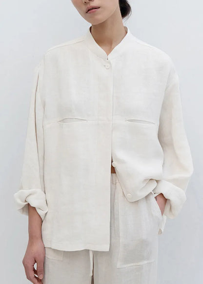 White Stand Collar Pockets Linen Shirts Spring