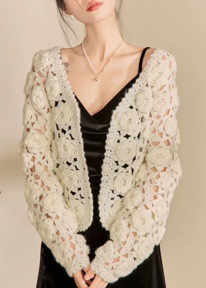 French White Hollow Out Cotton Knit Cardigan Fall