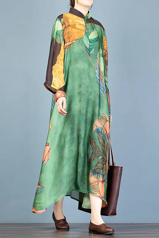 New Stand Collar Printed Dress Tencel Dress
