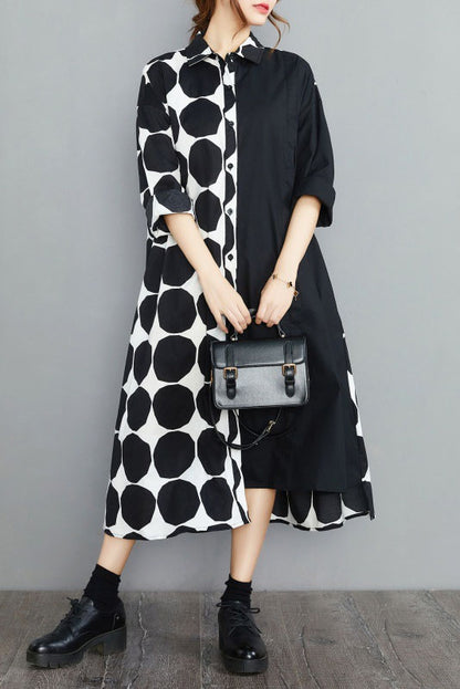 Spring Polka Dot Colorblock Lapel Shirt Dress