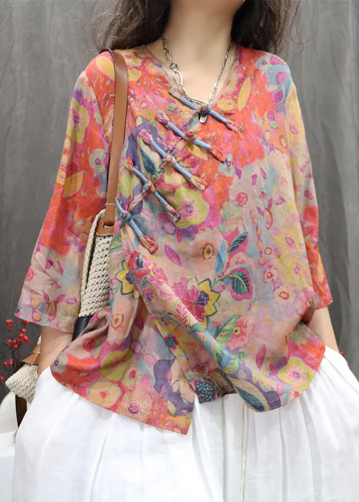Orange Print Button Linen Blouse V Neck Bracelet Sleeve