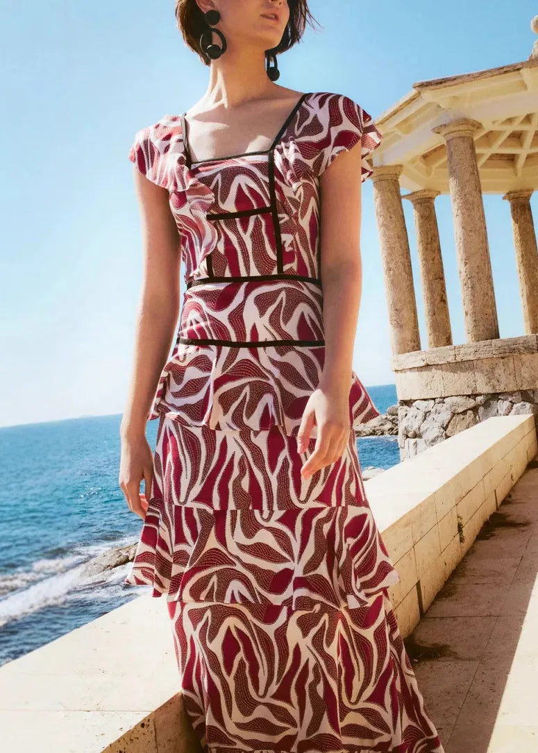 Stylish Red Square Collar Ruffled Patchwork Chiffon Dress Summer