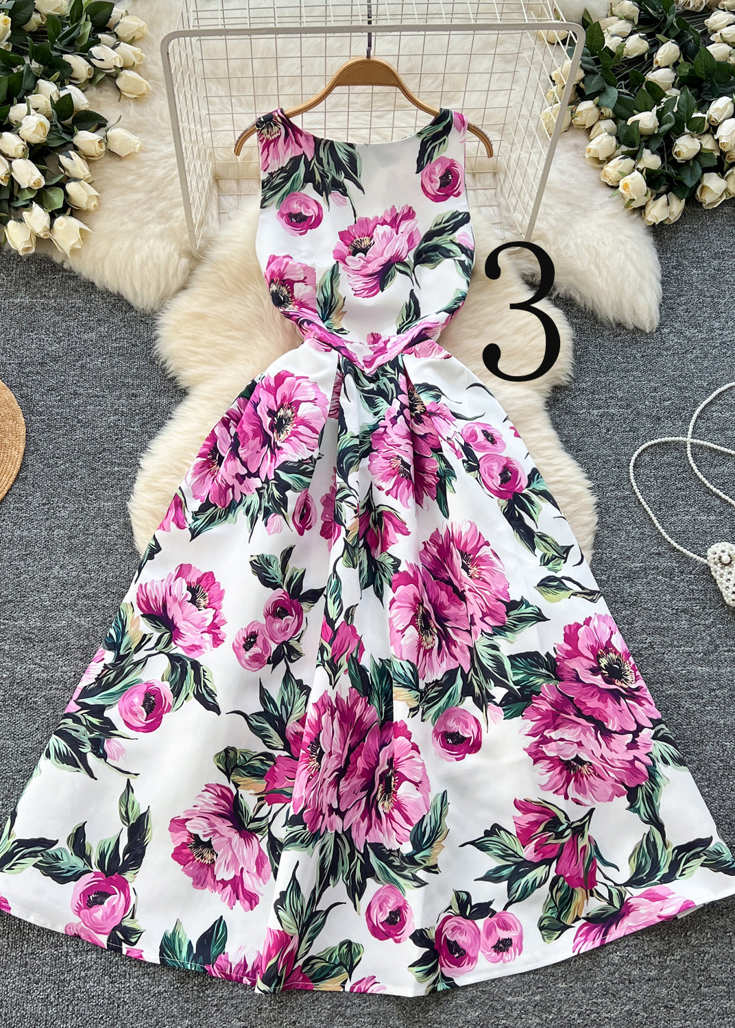 Flower Print Exra Large Hem Silk Tea Dress Sleeveless