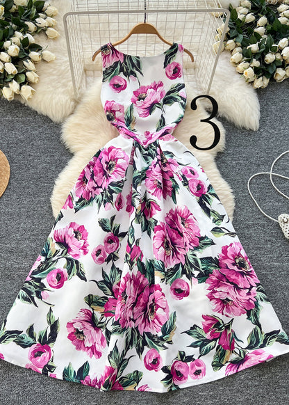 Flower Print Exra Large Hem Silk Tea Dress Sleeveless