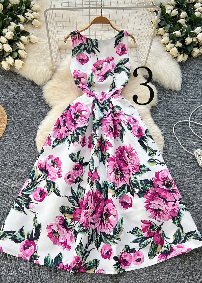 Flower Print Exra Large Hem Silk Tea Dress Sleeveless