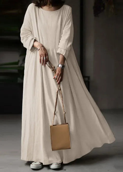 Loose White O Neck Cotton Maxi Dress Long Sleeve