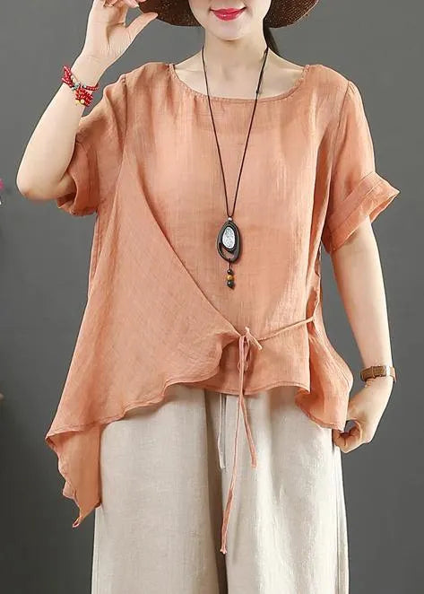 Italian O Neck Asymmetric Cotton Linen Clothes Pink Silhouette Blouses