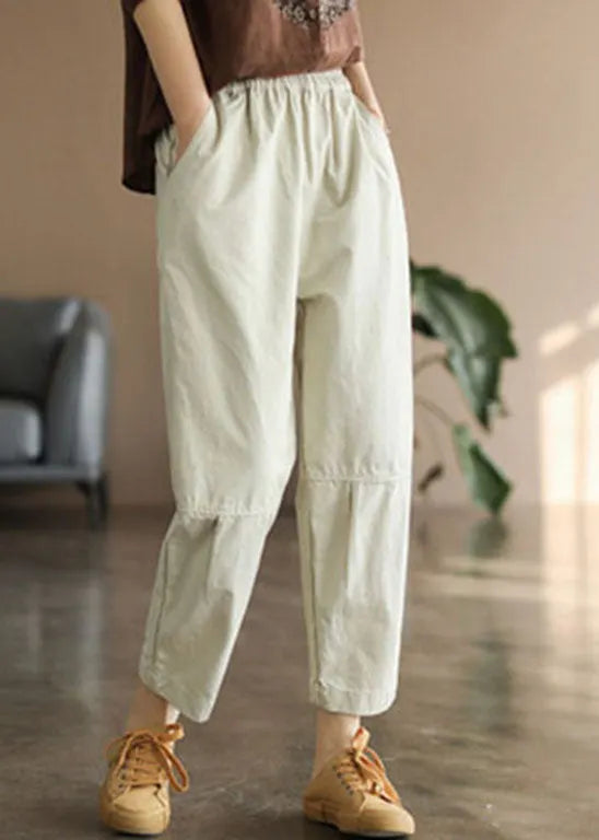 Handmade Beige Elastic Waist Pockets Pants Spring