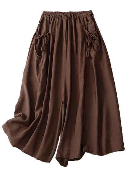 White Elastic Waist Pockets Cotton Wide Leg Pants Summer
