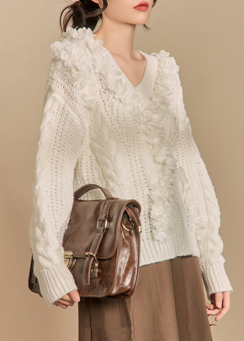 White V Neck Hollow Out Knit Sweaters Winter