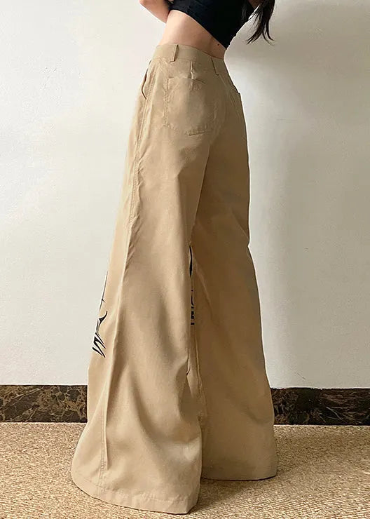Khaki Print High Waist Cotton Wide Leg Pants Summer