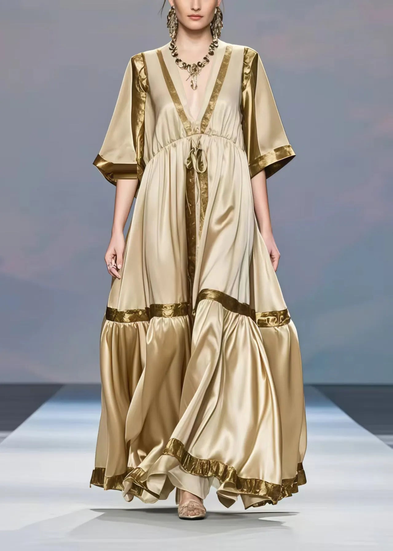 Khaki V Neck Patchwork Exra Large Hem Silk Long Dress Half Sleeve