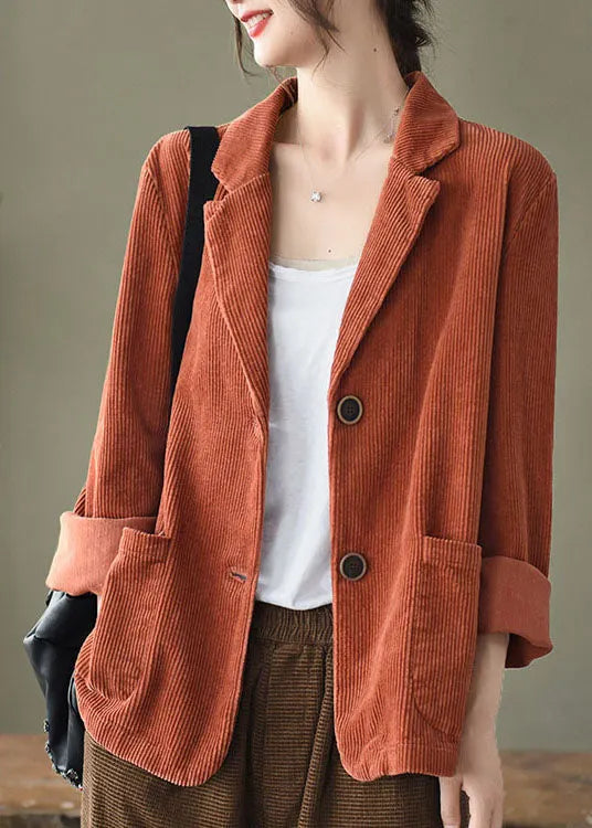 Loose Orange Yellow Button Pockets Peter Pan Collar Corduroy Coat Long Sleeve
