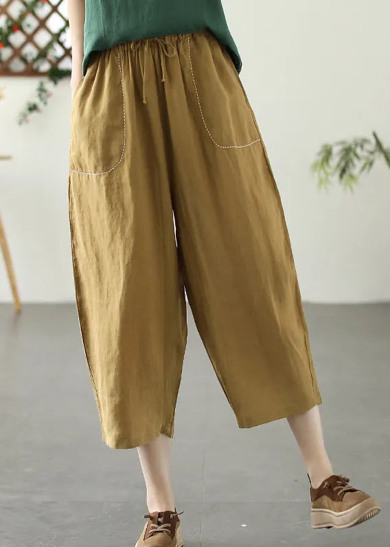 Khaki Patchwork Elastic Waist Tie Waist Crop Pants Summer