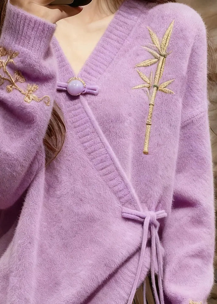 Light Purple V Neck Tie Waist Cotton Knit Sweaters Tops Fall