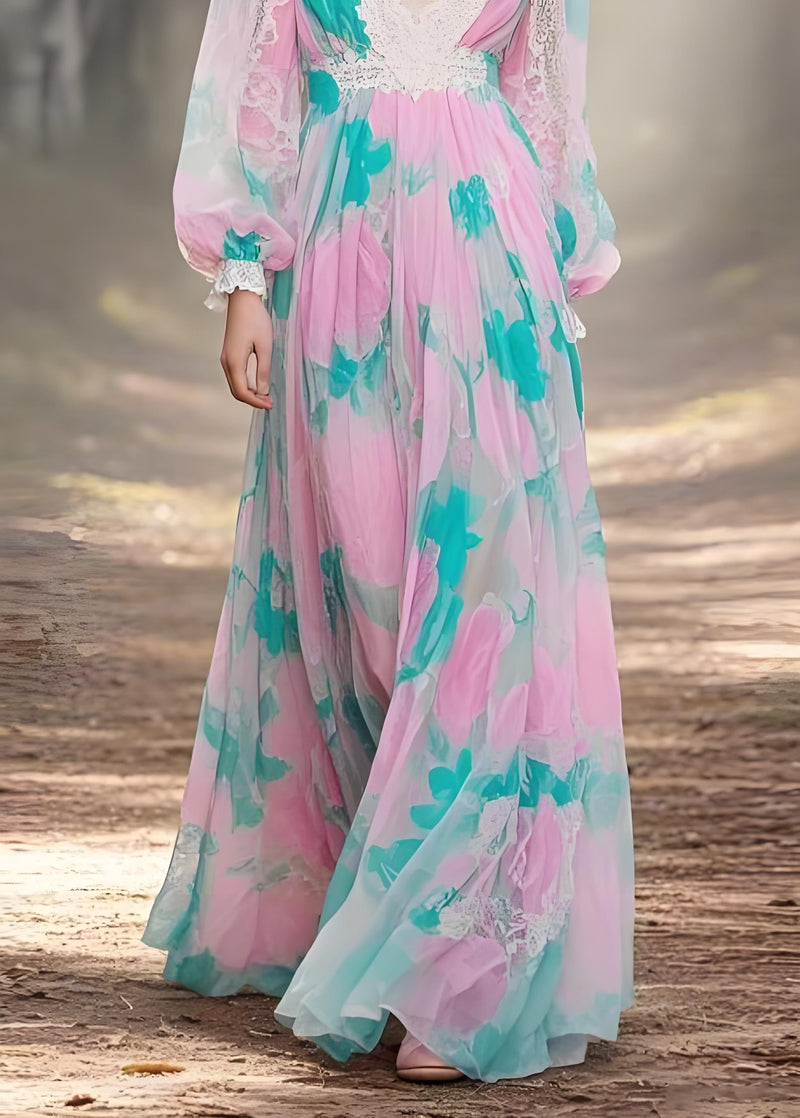 Pink V Neck Lace Print Patchwork Chiffon Ankle Dress Spring