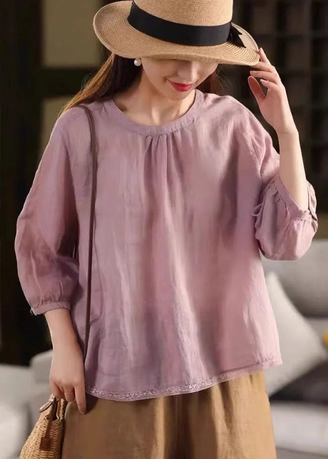 Pink Oversized Patchwork Linen Shirts Bracelet Sleeve