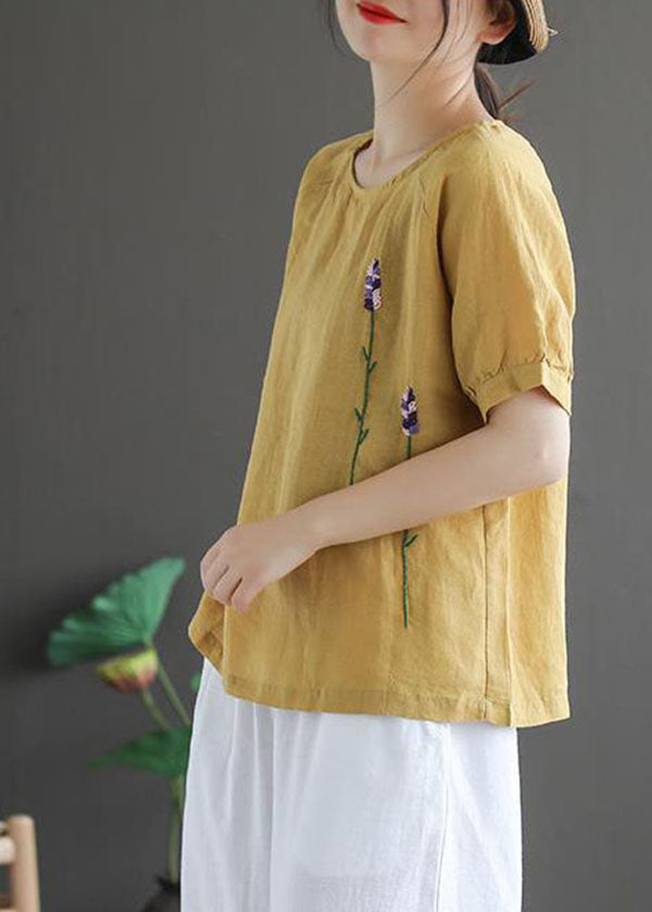 Ginger Embroidered Linen Tops Short Sleeve