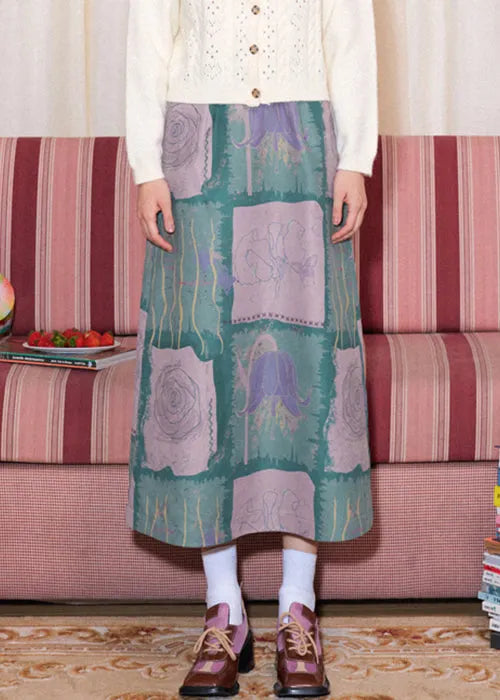 Slim Fit Blue Print High Waist Cotton Skirt Spring