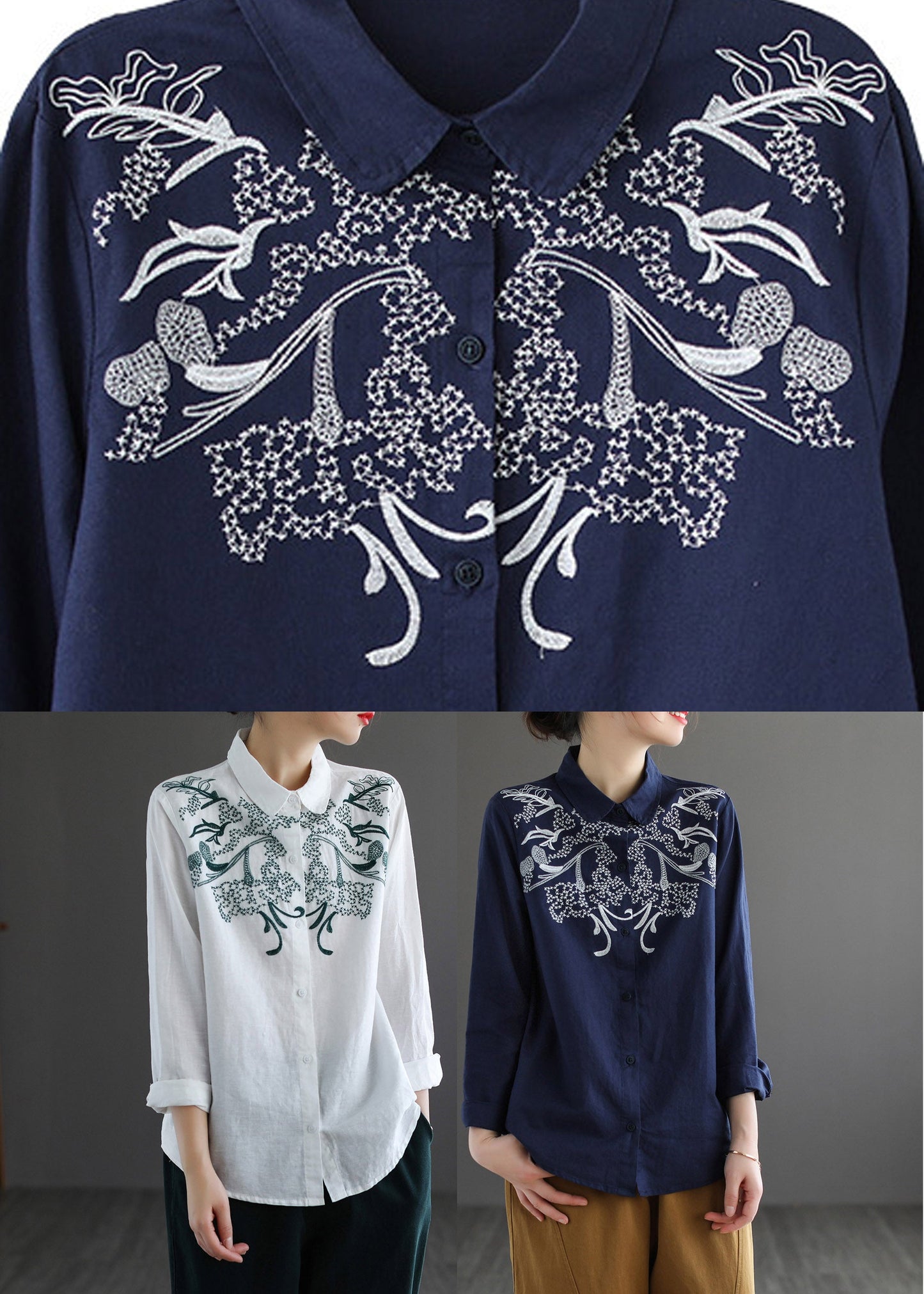 White Peter Pan Collar Embroidered Shirt Long Sleeve