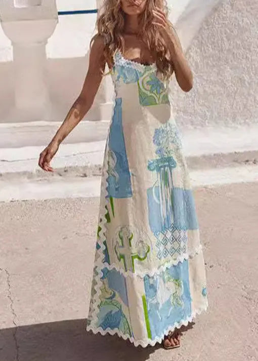 Printed Backless Bow Lace Up Dress Summer