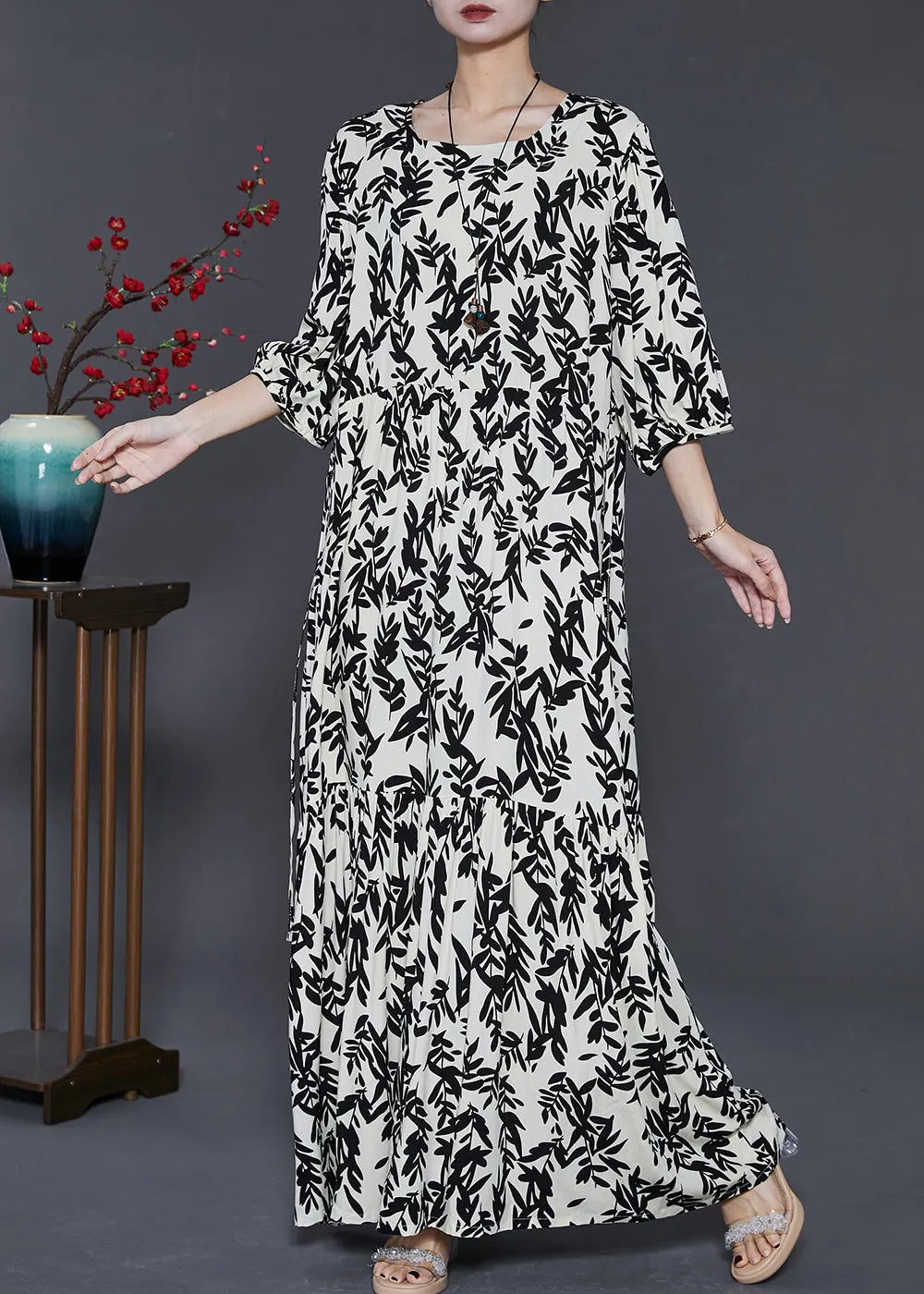 French Black Print Cotton Holiday Dress Summer